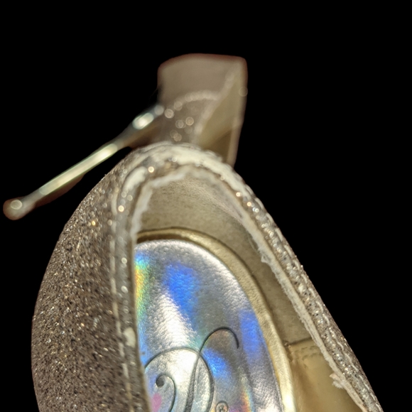 Stiletto Platform Heels Sz 8.5 Gold Glitter Slip-on Peep Toe Pump Hollywood Glam - Picture 10 of 16